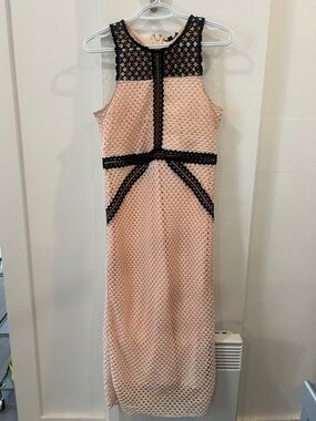 Topshop Blush Pink Midi Dress with Black Lace Insets